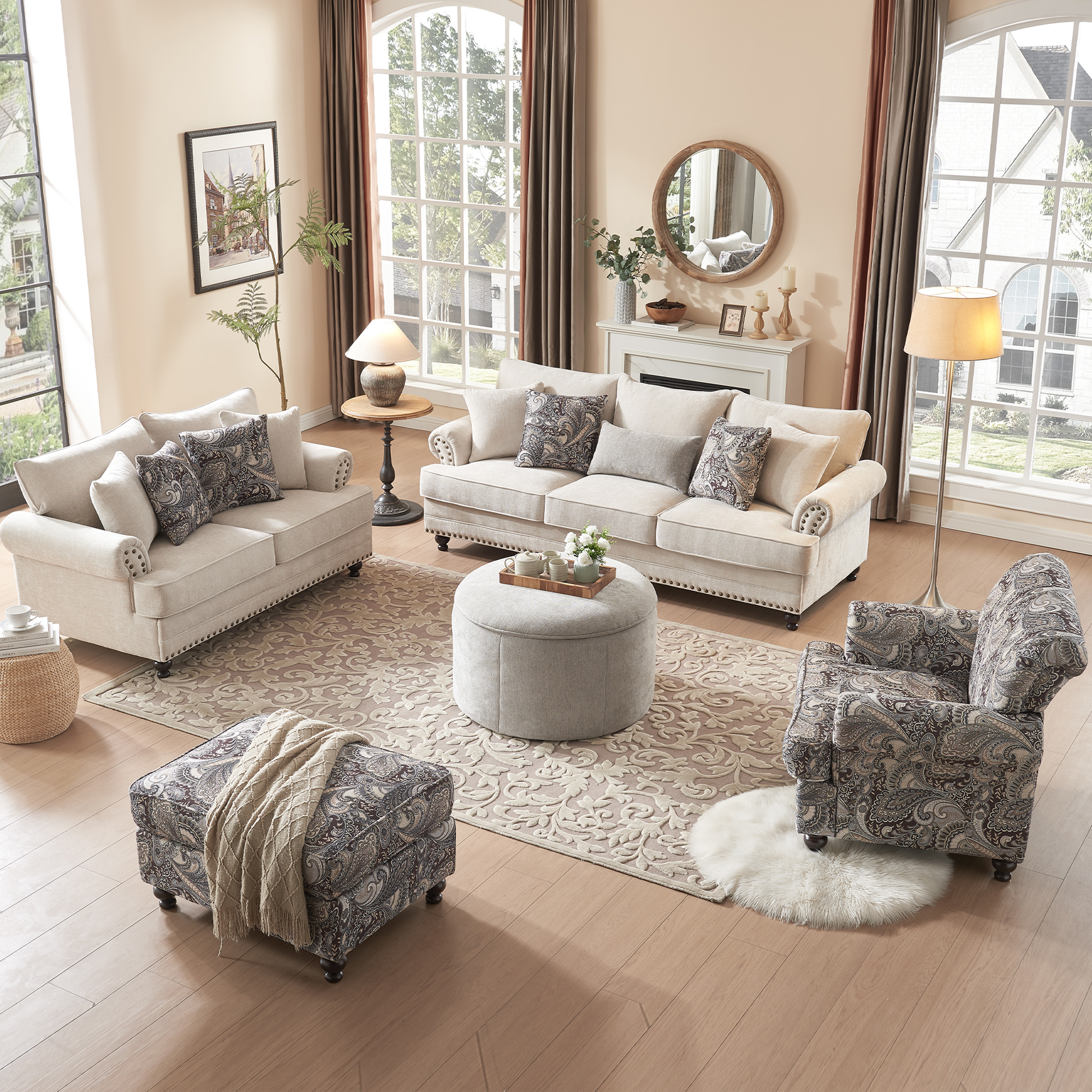 5-Pieces Chesterfield Couch Set Chenille Flora Sofa Loveseat and Armchair Living Room Set with Ottoman Coffee Table