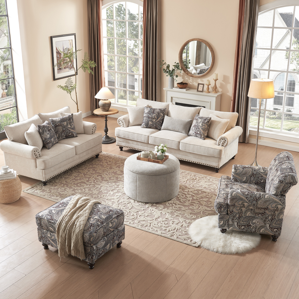 5-Pieces Chesterfield Couch Set Chenille Flora Sofa Loveseat and Armchair Living Room Set with Ottoman Coffee Table