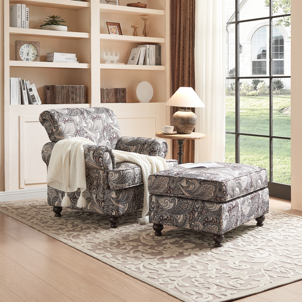 Classic Paisley Flora Chenille Accent Rolled Arm Chair with Thick Chusion for Living Room Club Chairs