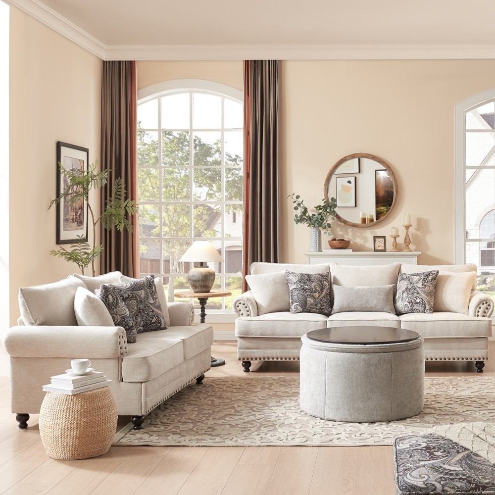 3-Pieces Chesterfield Couch Set Rolled Arm Chenille Beige Sofa Loveseat Living Room Set with Storage Coffee Table