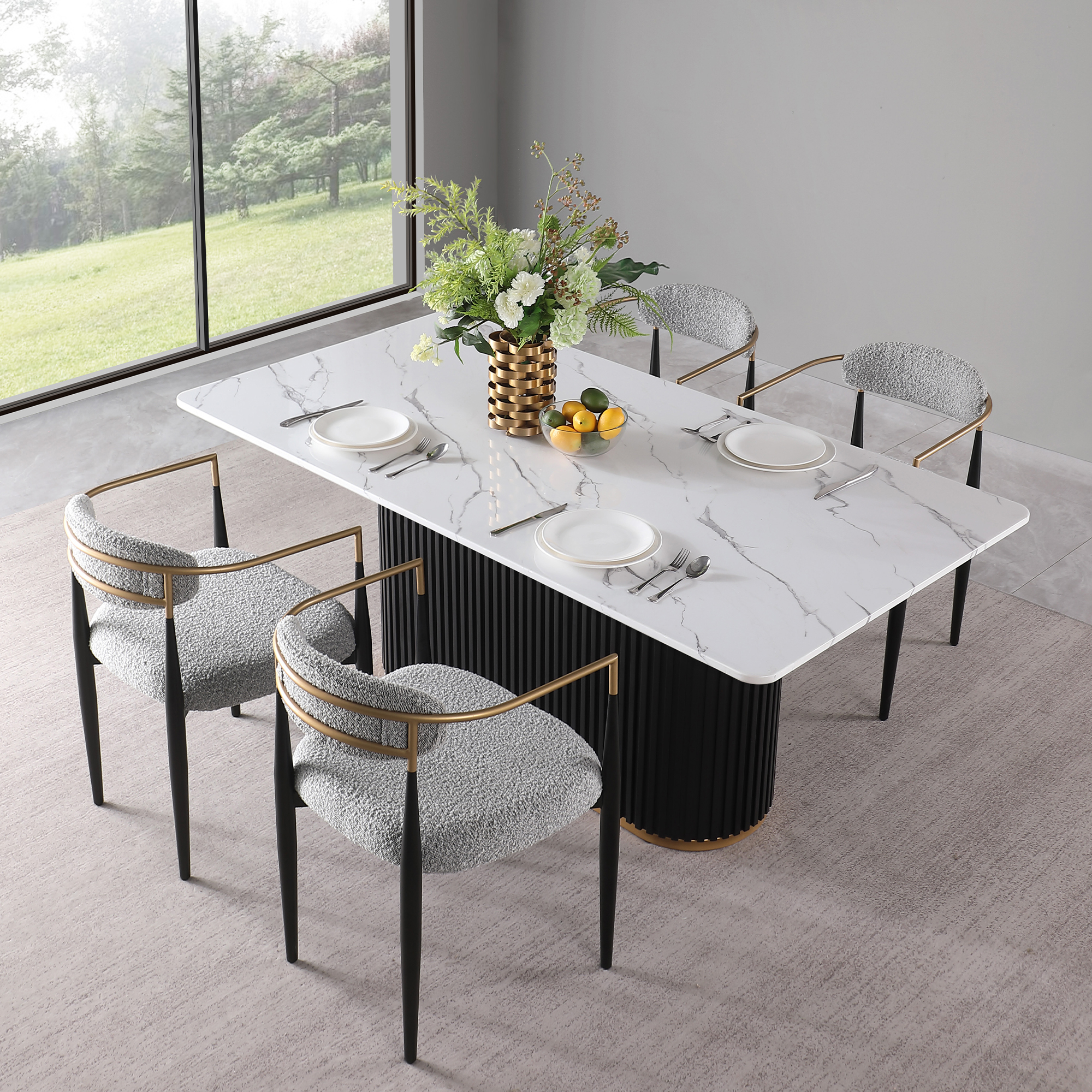 Modern 5-Piece Faux Marble Dining Table Top with Boucle Chairs in Gray Dining Room Set for Kitchen