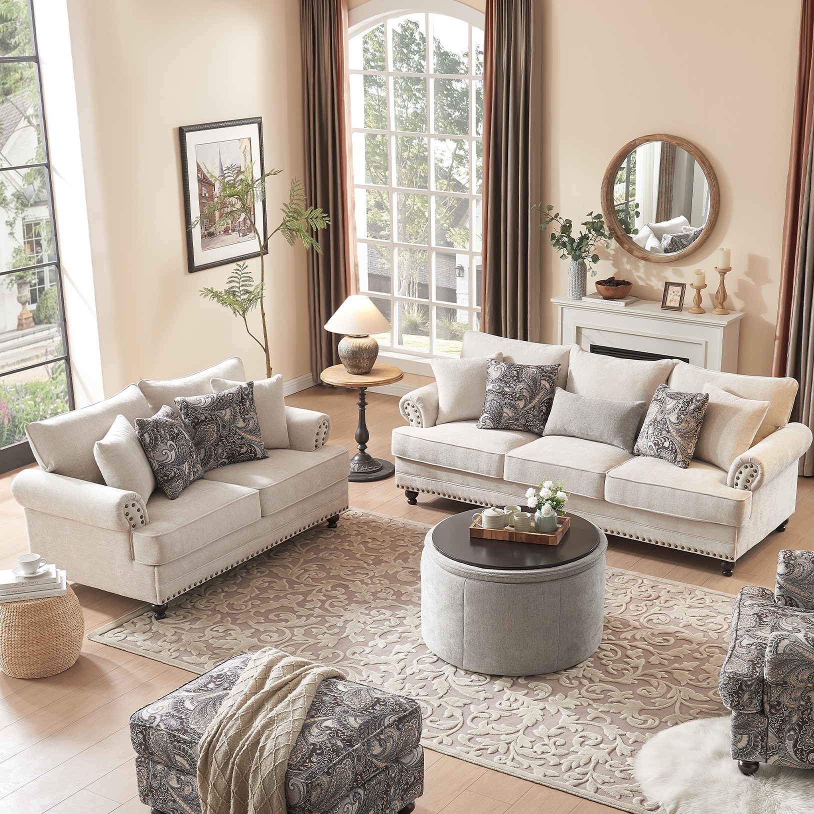 87 in. Chesterfield Couch 2-Pieces Chenille Beige Sofa Loveseat Set Living Room Set with Rolled Arm and Nailhead
