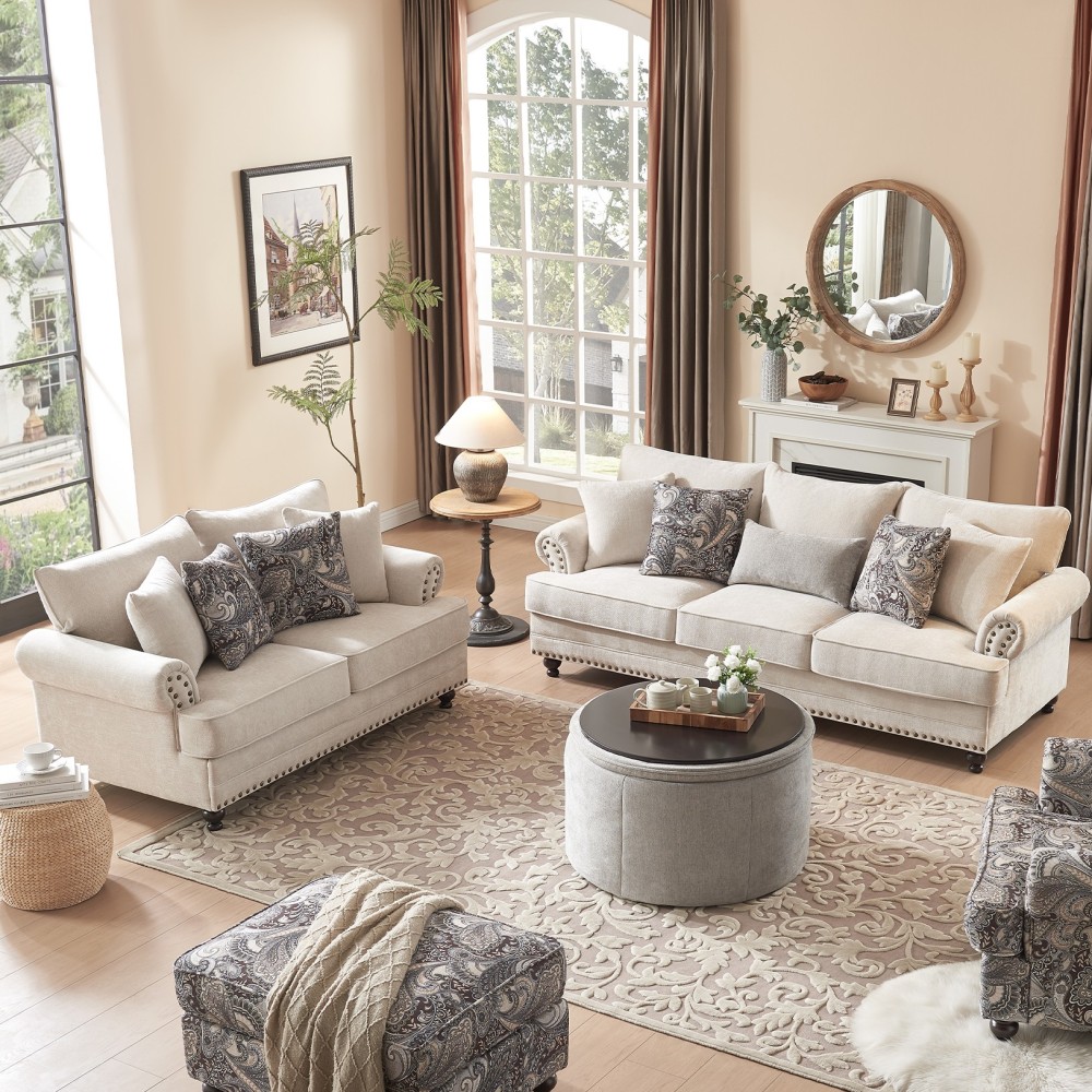 87 in. Chesterfield Couch 2-Pieces Chenille Beige Sofa Loveseat Set Living Room Set with Rolled Arm and Nailhead