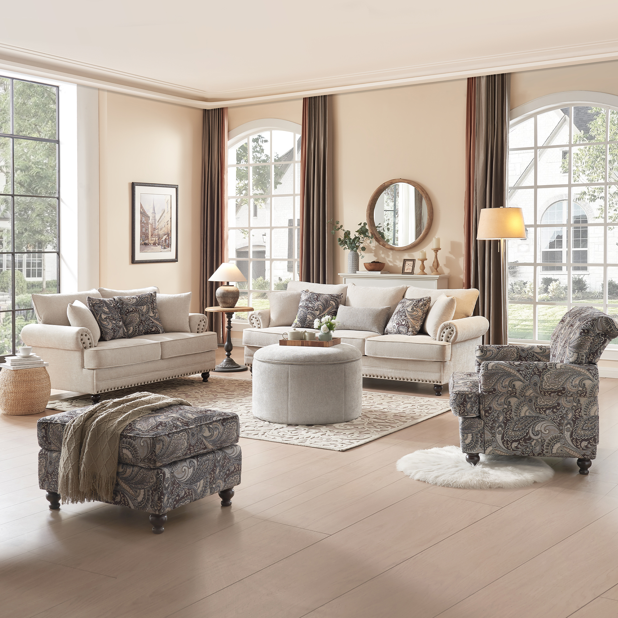 3-Pieces Chesterfield Rolled Arm Couch Set Beige Chenille Sofa Loveseat and Armchair with Nail head Living Room Set