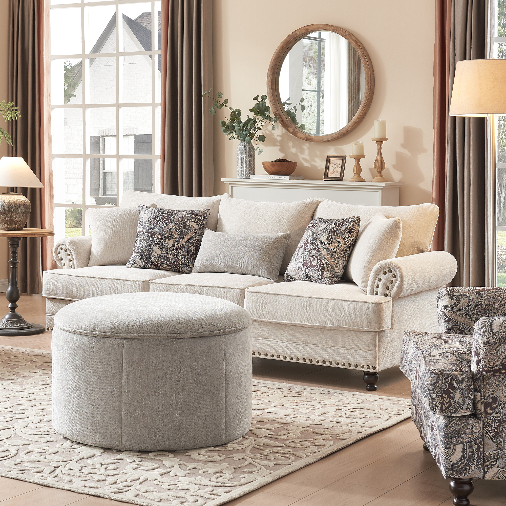 3-Pieces Chesterfield Couch Set Rolled Arm Chenille Beige Sofa Loveseat Living Room Set with Storage Coffee Table