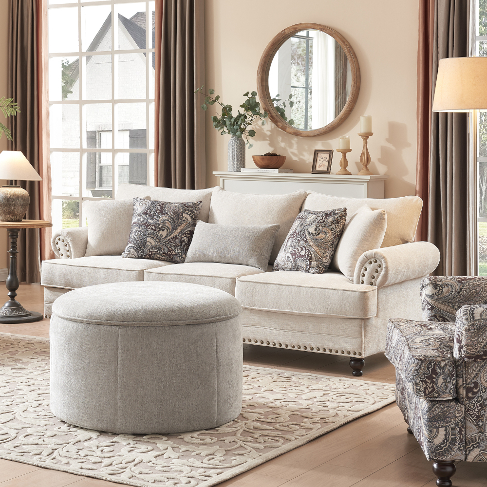 3-Pieces Chesterfield Couch Set Rolled Arm Chenille Beige Sofa Loveseat Living Room Set with Storage Coffee Table