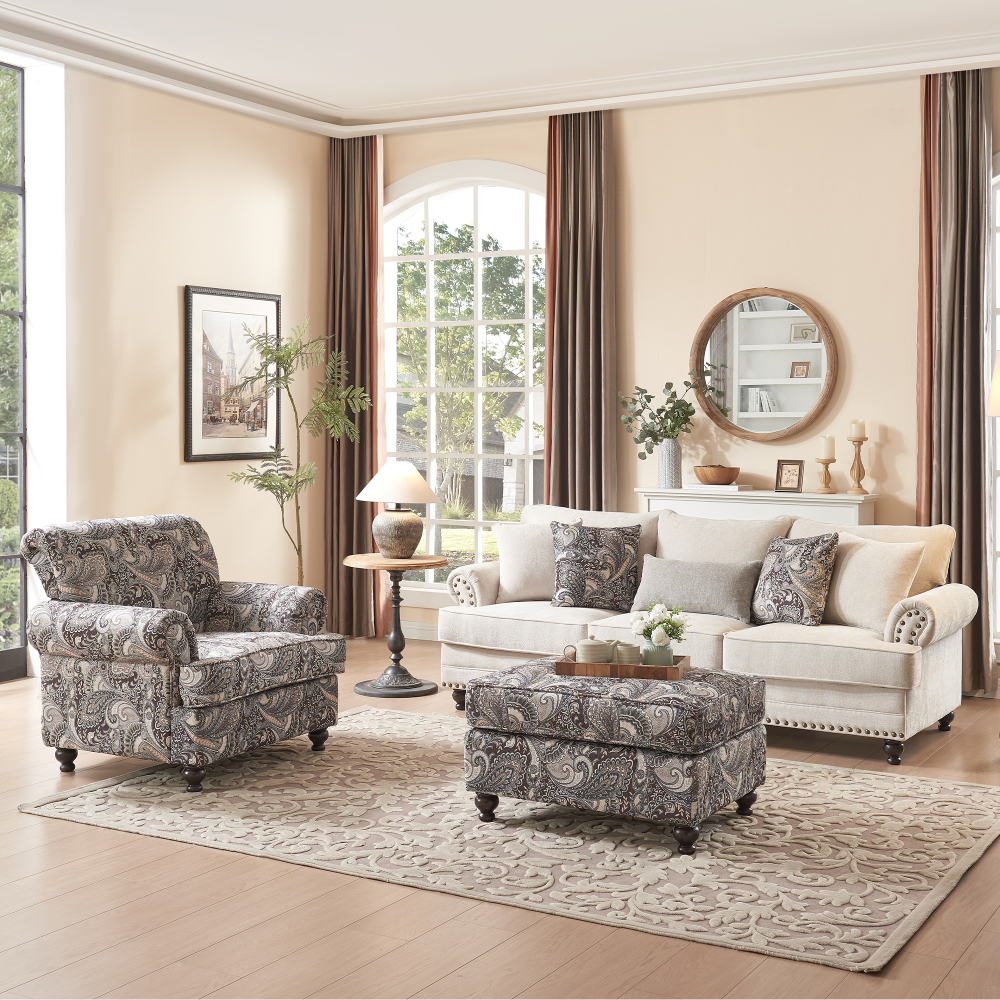 4-Pieces Chesterfield Couch Set Chenille Flora Sofa Loveseat and Armchair Living Room Set with Ottoman