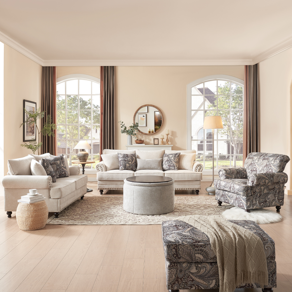 5-Pieces Chesterfield Couch Set Chenille Flora Sofa Loveseat and Armchair Living Room Set with Ottoman Coffee Table