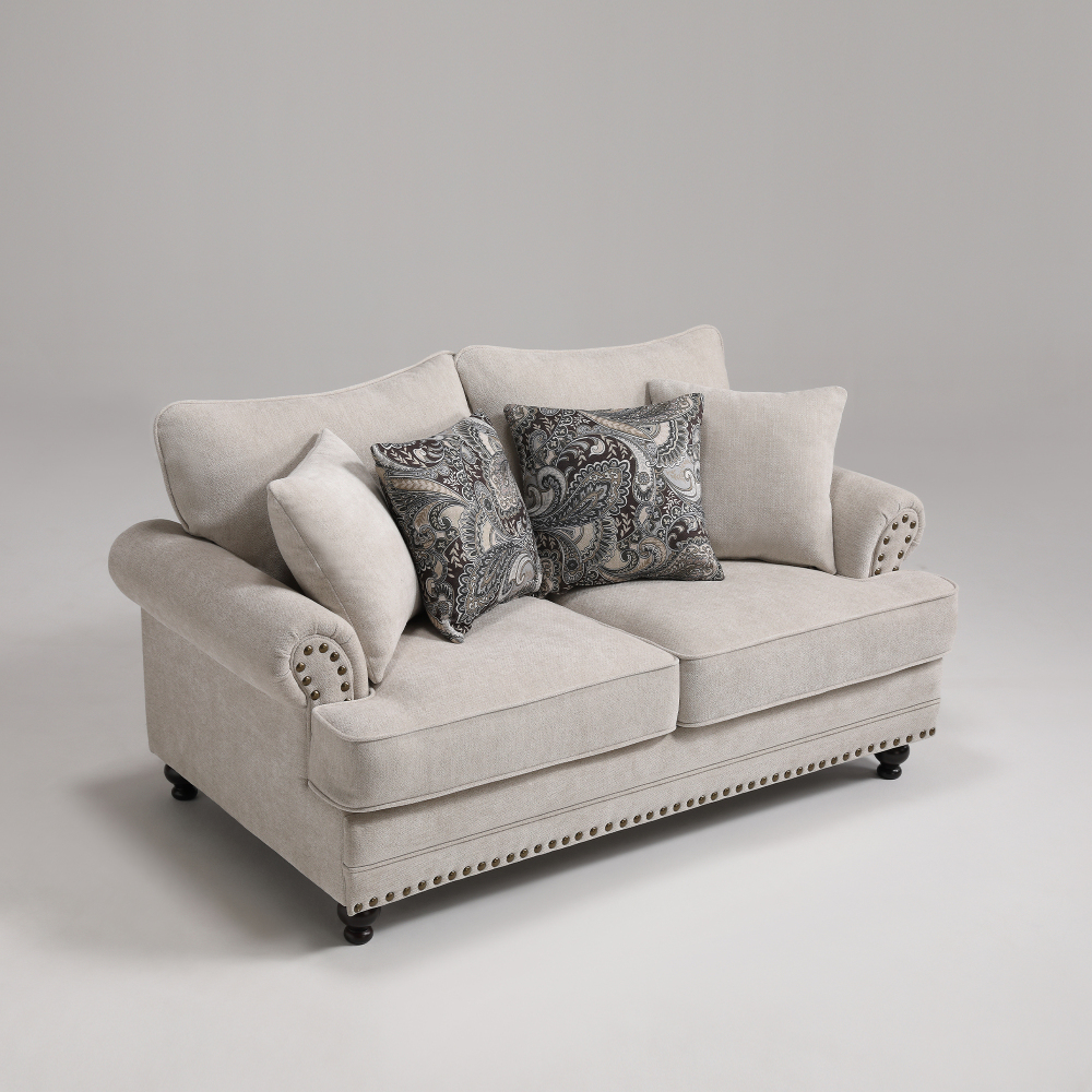 64 in. Chesterfield Couch Beige Chenille 2-Seater Loveseat with Rolled Arm Comfort Nailhead Sofa for Living Room