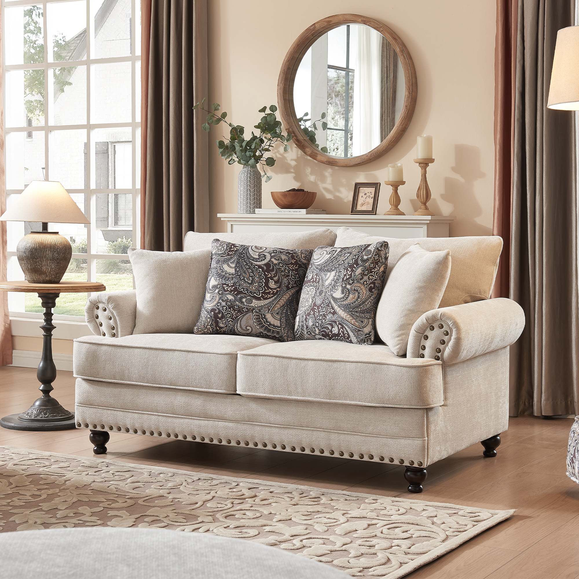 87 in. Chesterfield Couch 2-Pieces Chenille Beige Sofa Loveseat Set Living Room Set with Rolled Arm and Nailhead