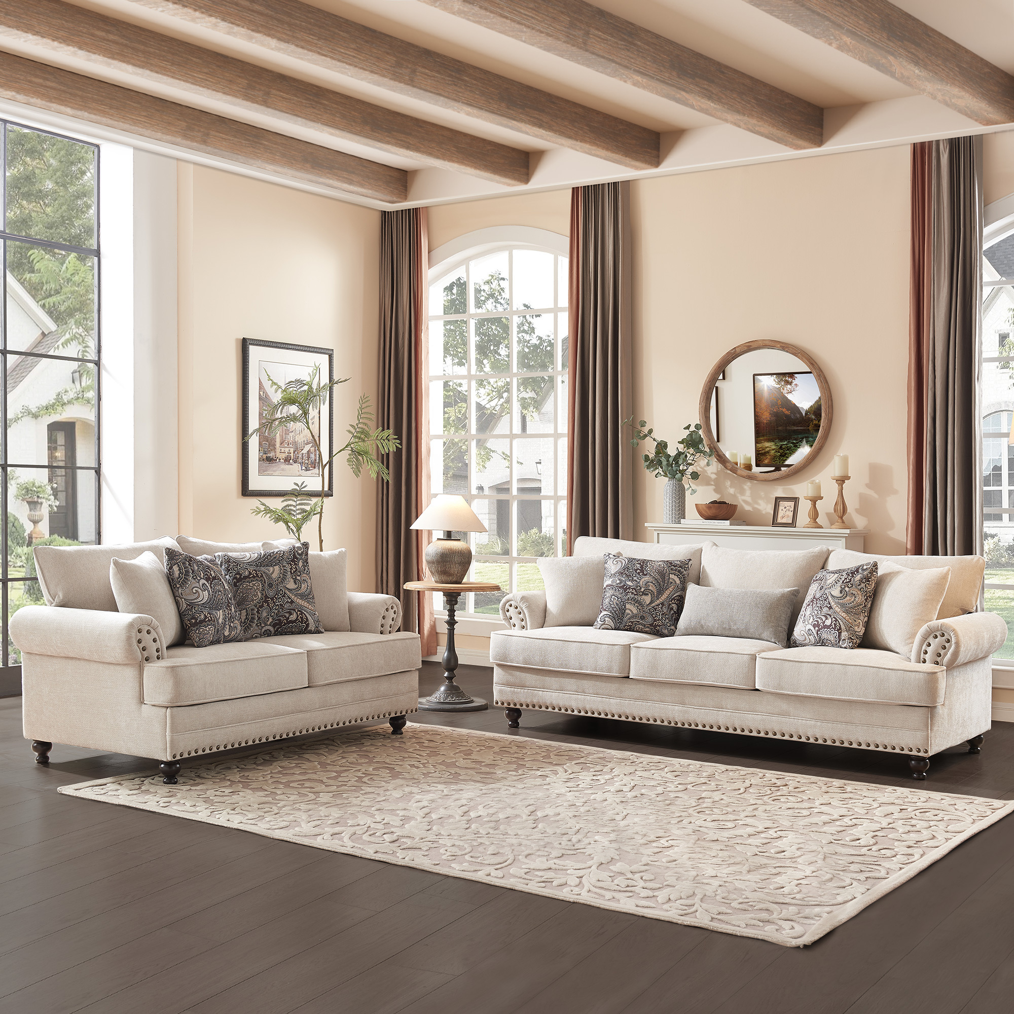 3-Pieces Chesterfield Couch Set Rolled Arm Chenille Beige Sofa Loveseat Living Room Set with Storage Coffee Table