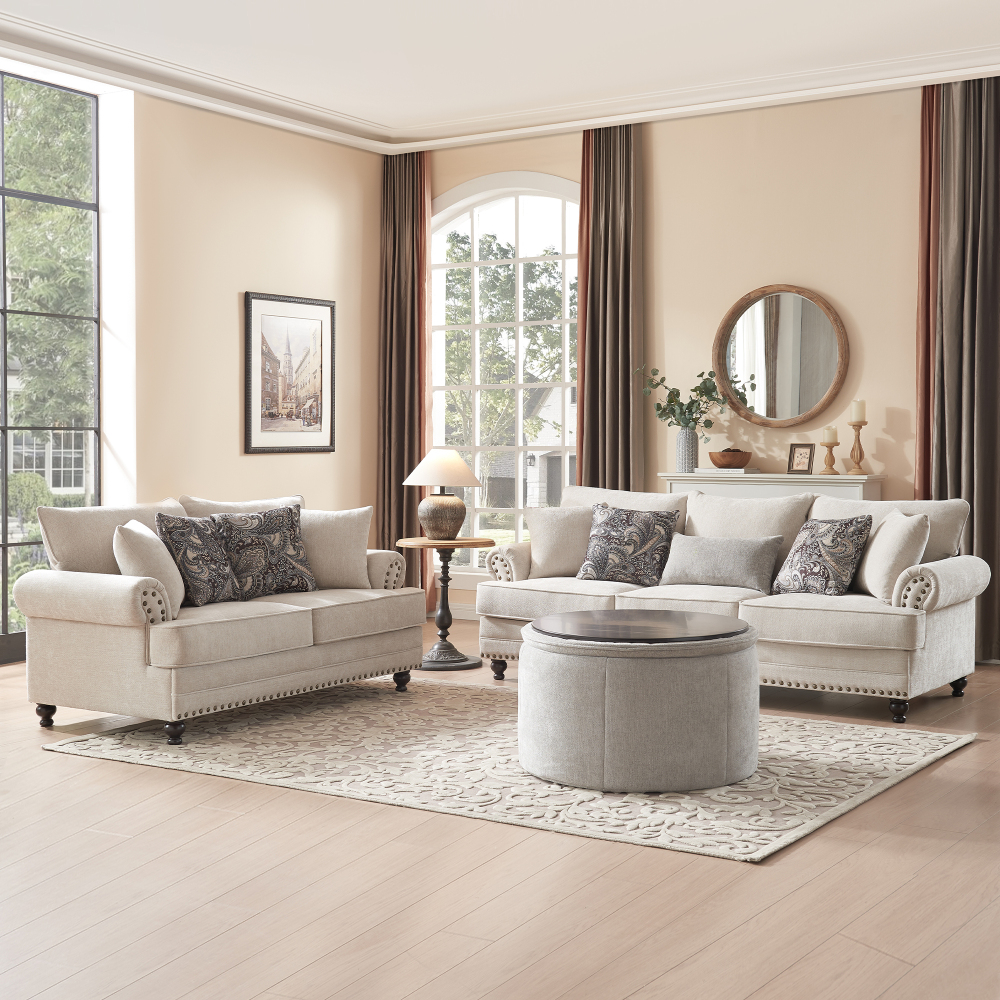 5-Pieces Chesterfield Couch Set Chenille Flora Sofa Loveseat and Armchair Living Room Set with Ottoman Coffee Table