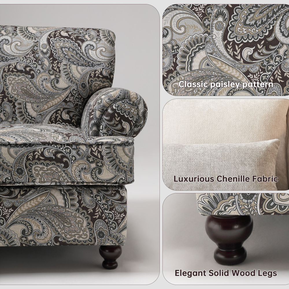 Classic Paisley Flora Chenille Accent Rolled Arm Chair with Thick Chusion for Living Room Club Chairs
