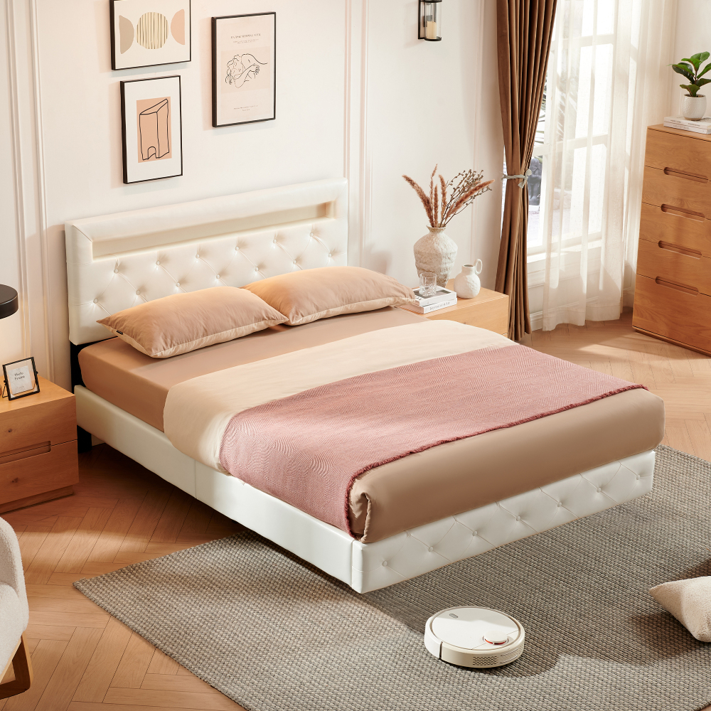 LED Floating Cream White Wood Frame Queen Size Platform Bed with Faux Leather Upholstered Headboard No Spring Box Need