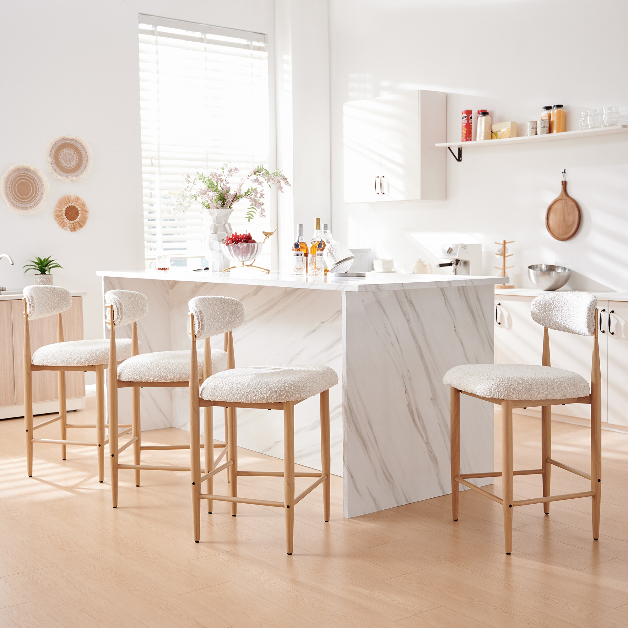 Boucle Counter Height Bar Stool for Kitchen Island, Dining Room Metal Armless Chair Upholstered Barstools Set of 4