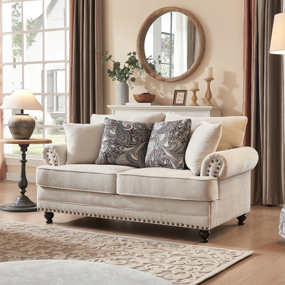3-Pieces Chesterfield Rolled Arm Couch Set Beige Chenille Sofa Loveseat and Armchair with Nail head Living Room Set