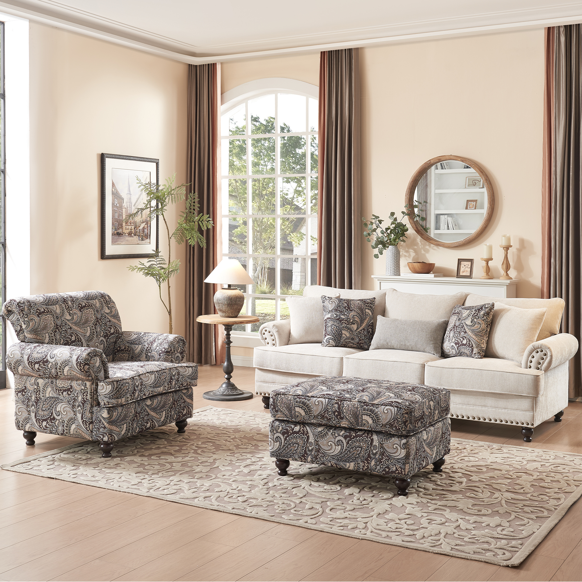 5-Pieces Chesterfield Couch Set Chenille Flora Sofa Loveseat and Armchair Living Room Set with Ottoman Coffee Table
