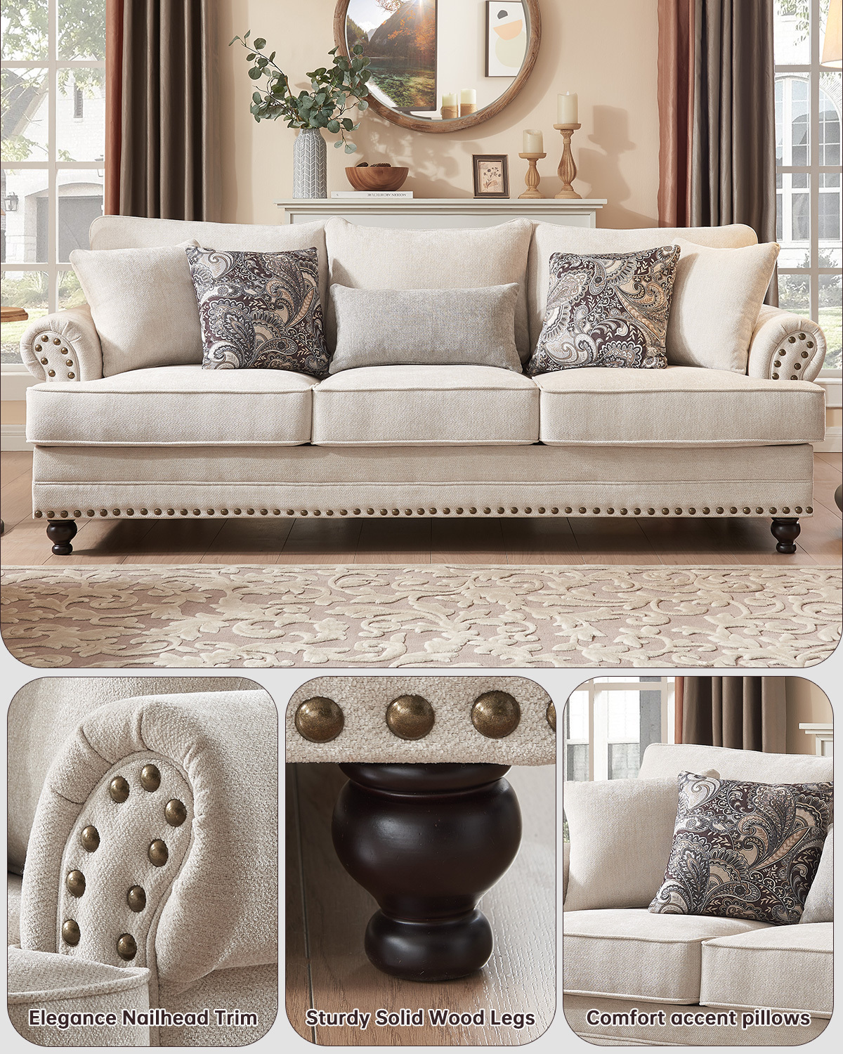 87.5 in. Chesterfield Couch Rolled Arm Chenille Beige Rectangle Sofa for Living Room with Nailhead Trim