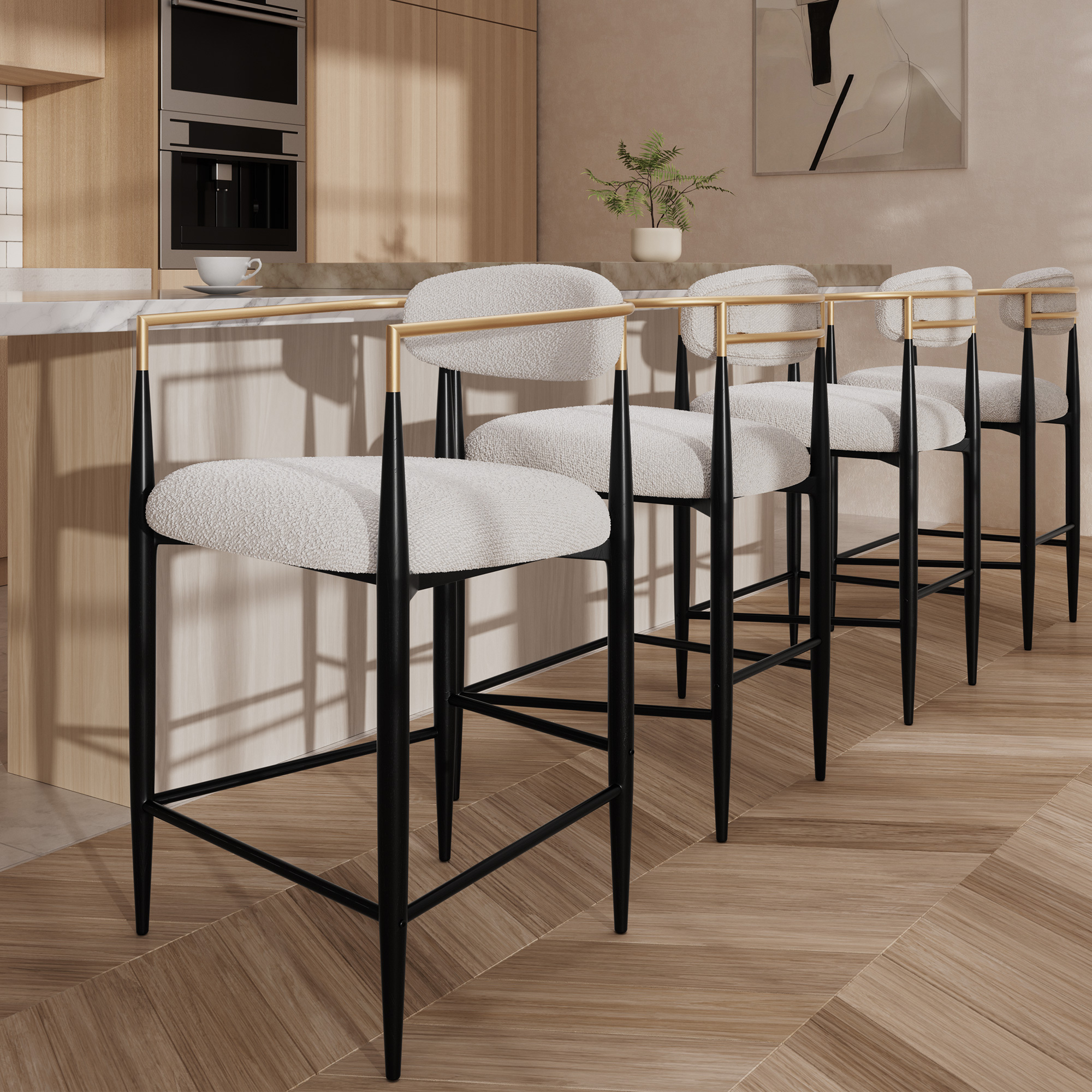 Modern White Boucle Counter Height Bar Stool for Kitchen Island, Metal Frame Dining Room Chair Barstools Set of 4