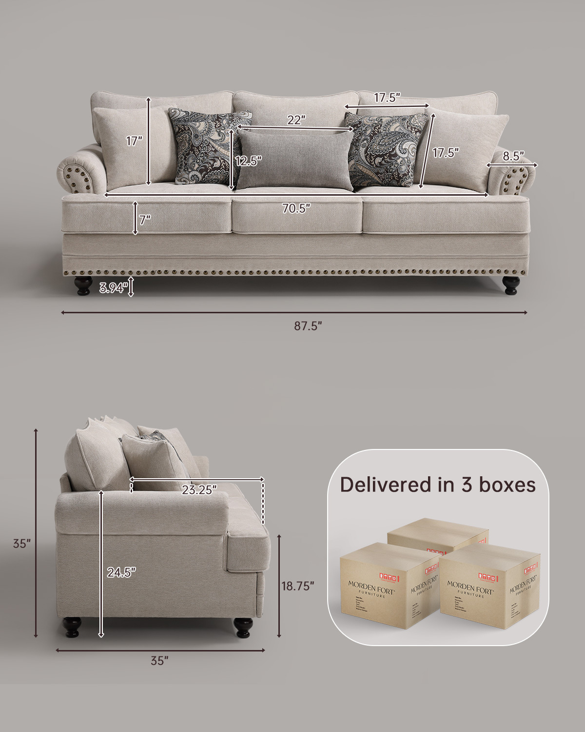 87.5 in. Chesterfield Couch Rolled Arm Chenille Beige Rectangle Sofa for Living Room with Nailhead Trim