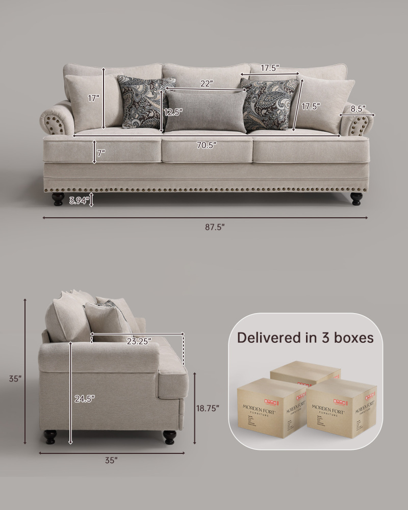 87.5 in. Chesterfield Couch Rolled Arm Chenille Beige Rectangle Sofa for Living Room with Nailhead Trim
