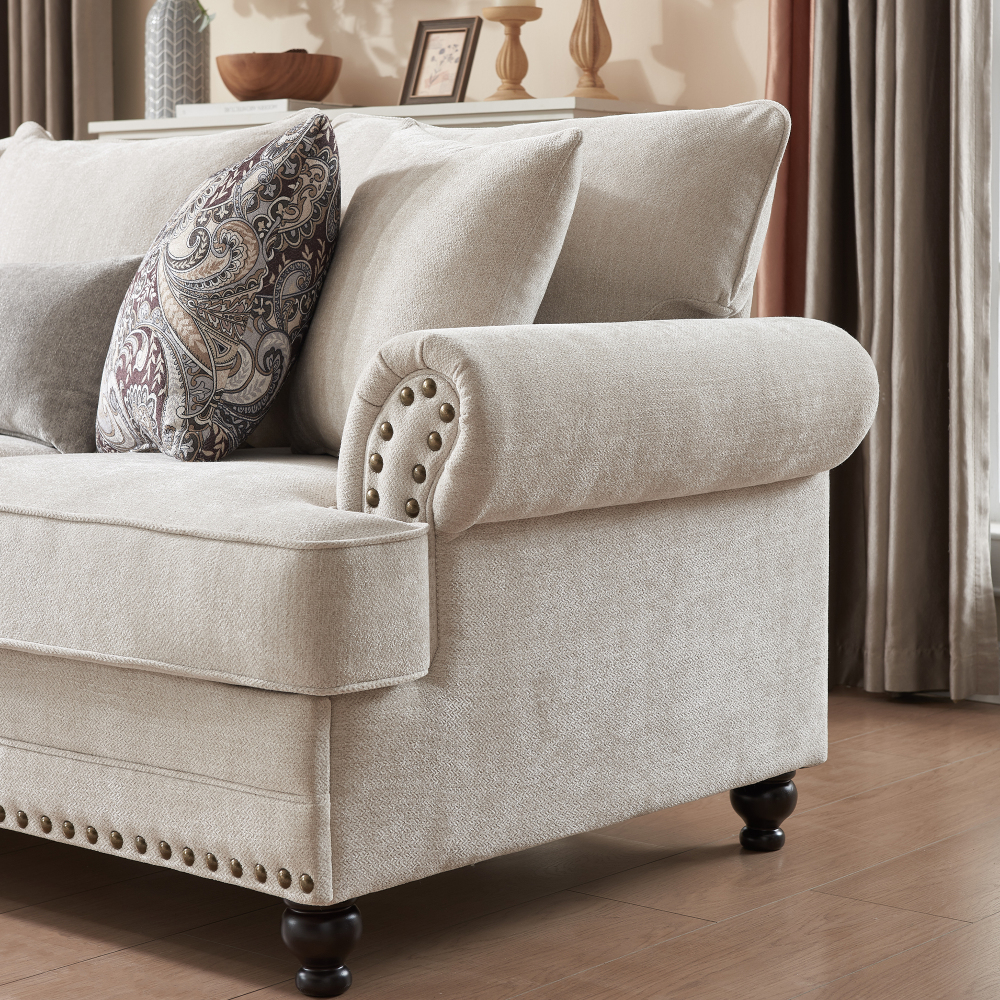 87 in. Chesterfield Couch 2-Pieces Chenille Beige Sofa Loveseat Set Living Room Set with Rolled Arm and Nailhead