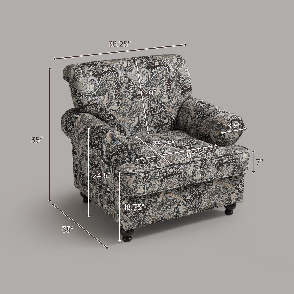 Classic Paisley Flora Chenille Accent Rolled Arm Chair with Thick Chusion for Living Room Club Chairs