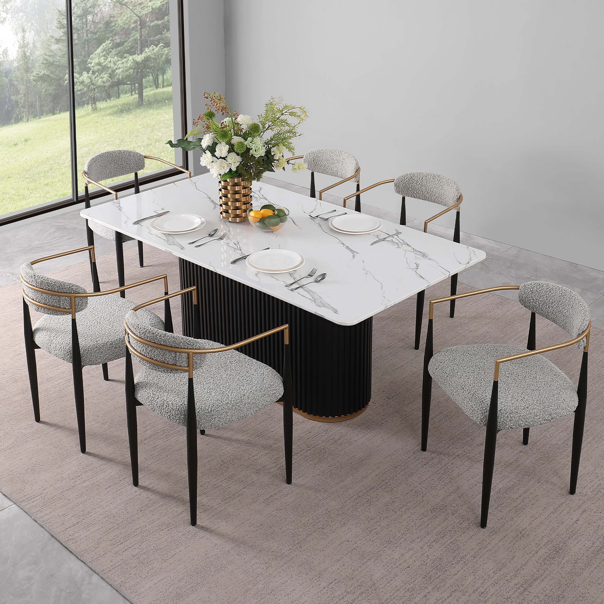 Modern 7-Piece Faux Marble Dining Table Top with Boucle Chairs in Gray Dining Room Set for Kitchen
