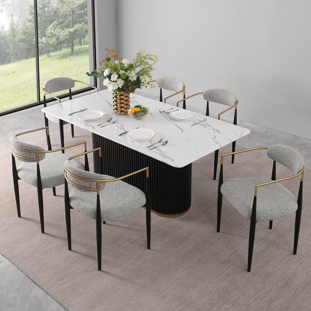 Modern 7-Piece Faux Marble Dining Table Top with Boucle Chairs in Gray Dining Room Set for Kitchen