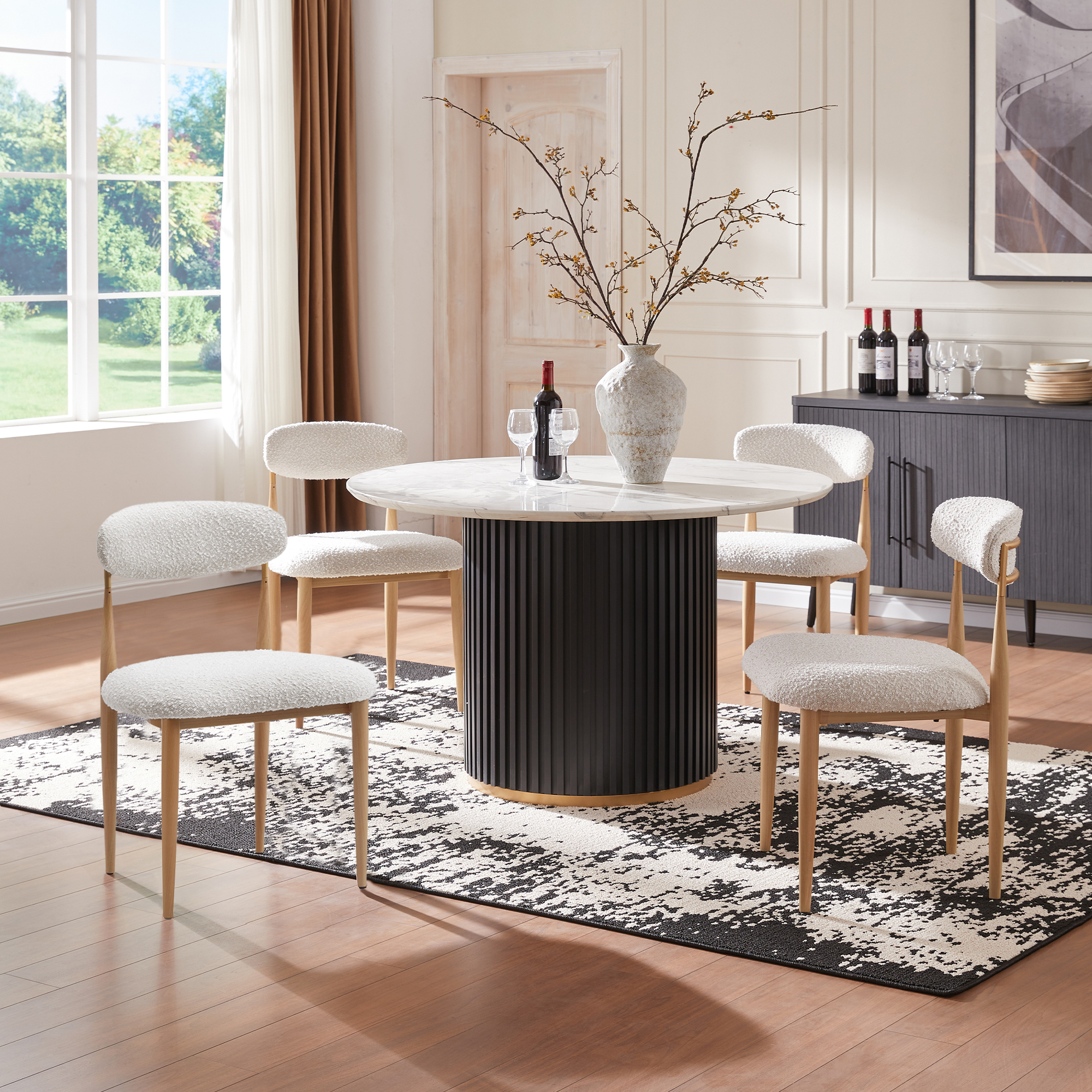 Modern 5-Piece Faux Marble Dining Table Top with Boucle Chairs in White Dining Room Set for Kitchen Seats of 4
