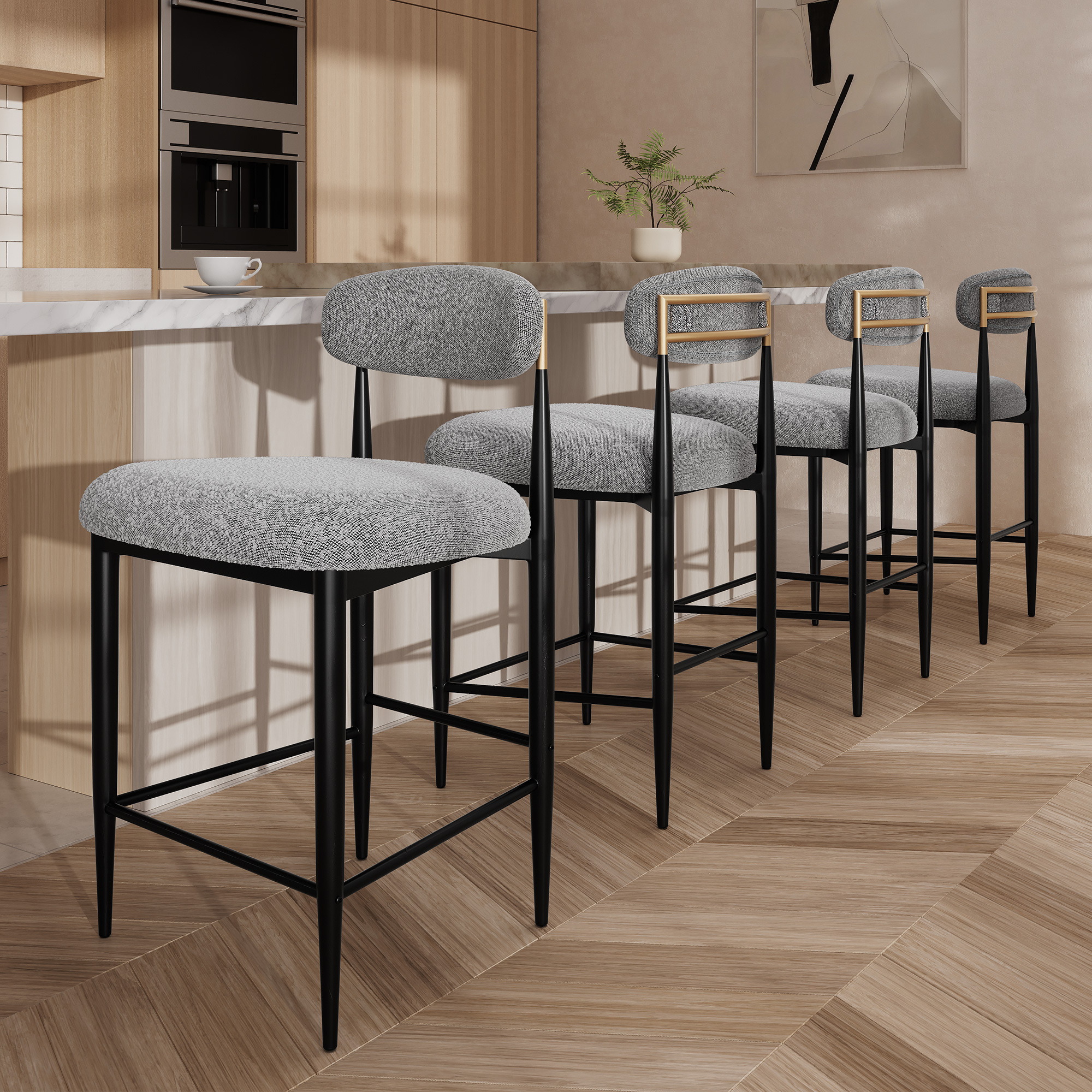26 in. Gray Boucle Counter Height Bar Stool Set of 4, Dining Room Armless Chair Barstools for Kitchen Island
