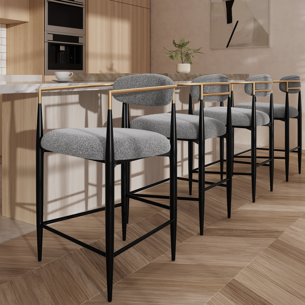 Modern Gray Boucle Counter Height Bar Stool for Kitchen Island, Metal Frame Dining Room Chair Barstools Set of 4