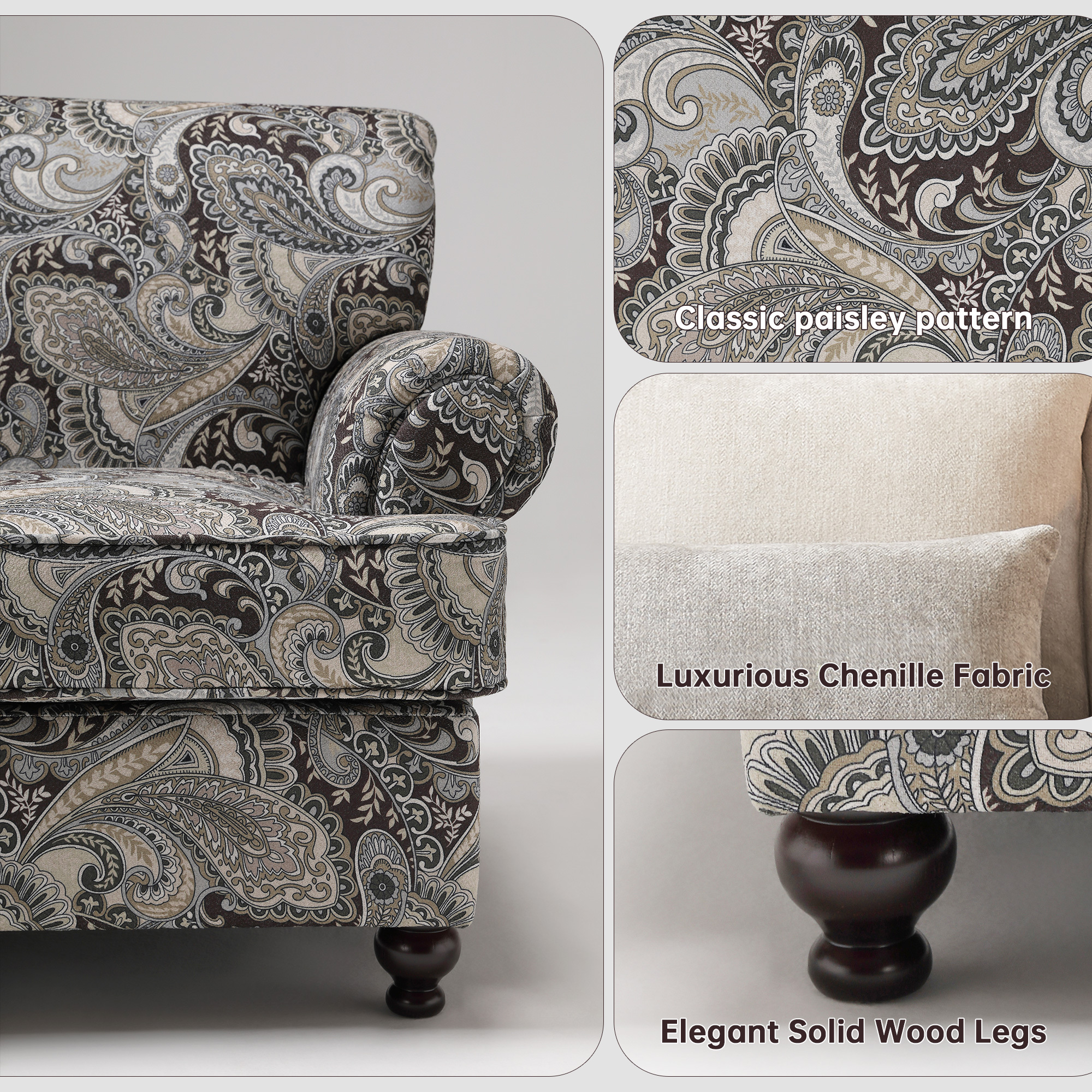 3-Pieces Chesterfield Rolled Arm Couch Set Beige Chenille Sofa Loveseat and Armchair with Nail head Living Room Set