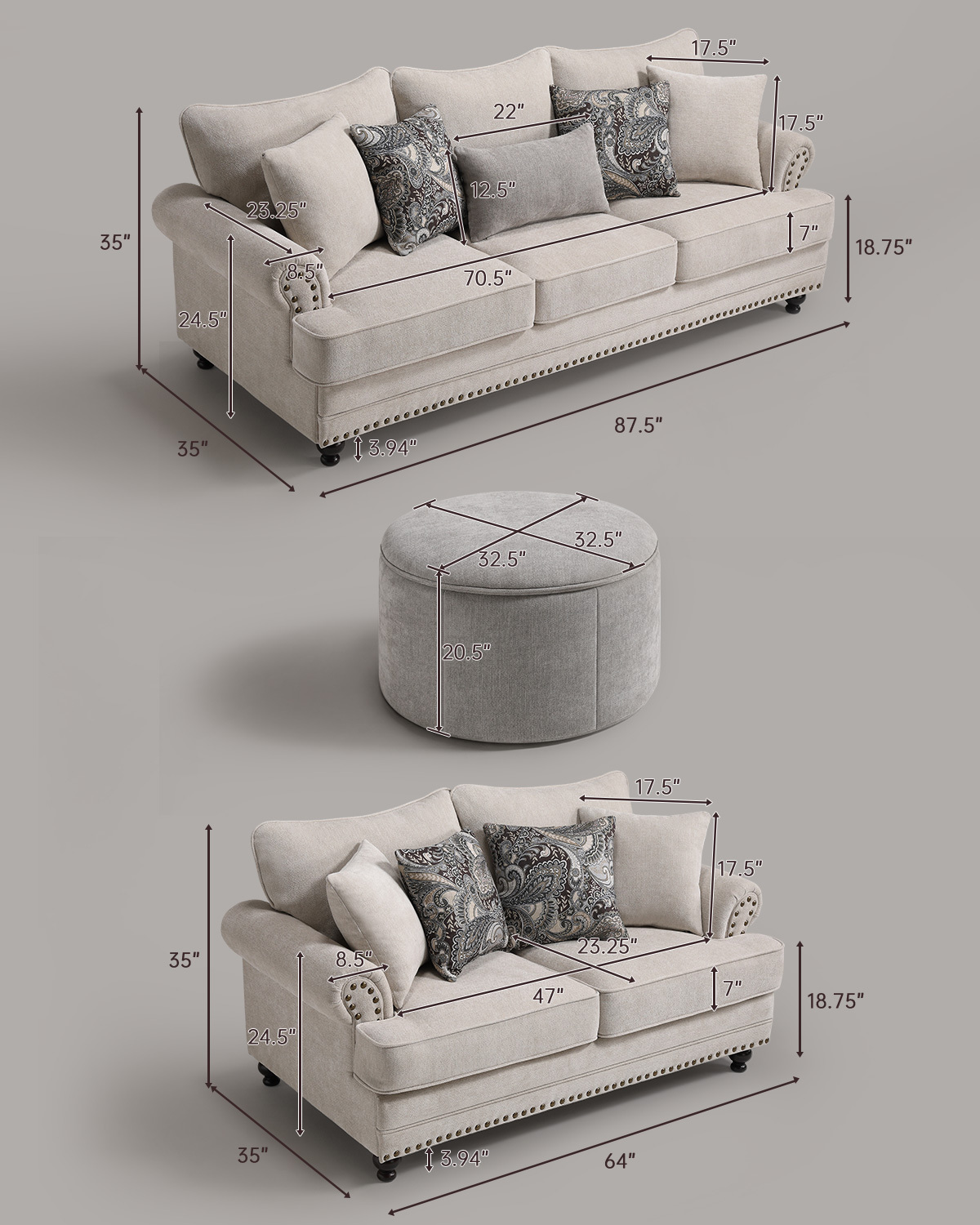 3-Pieces Chesterfield Couch Set Rolled Arm Chenille Beige Sofa Loveseat Living Room Set with Storage Coffee Table