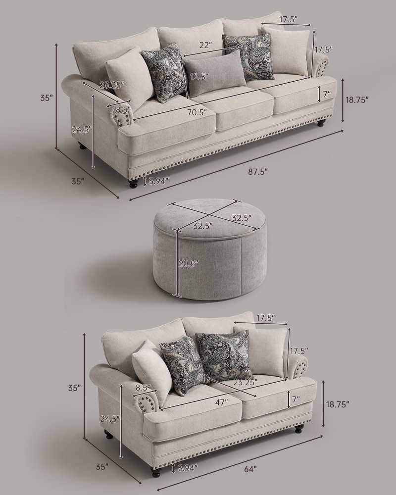 3-Pieces Chesterfield Couch Set Rolled Arm Chenille Beige Sofa Loveseat Living Room Set with Storage Coffee Table