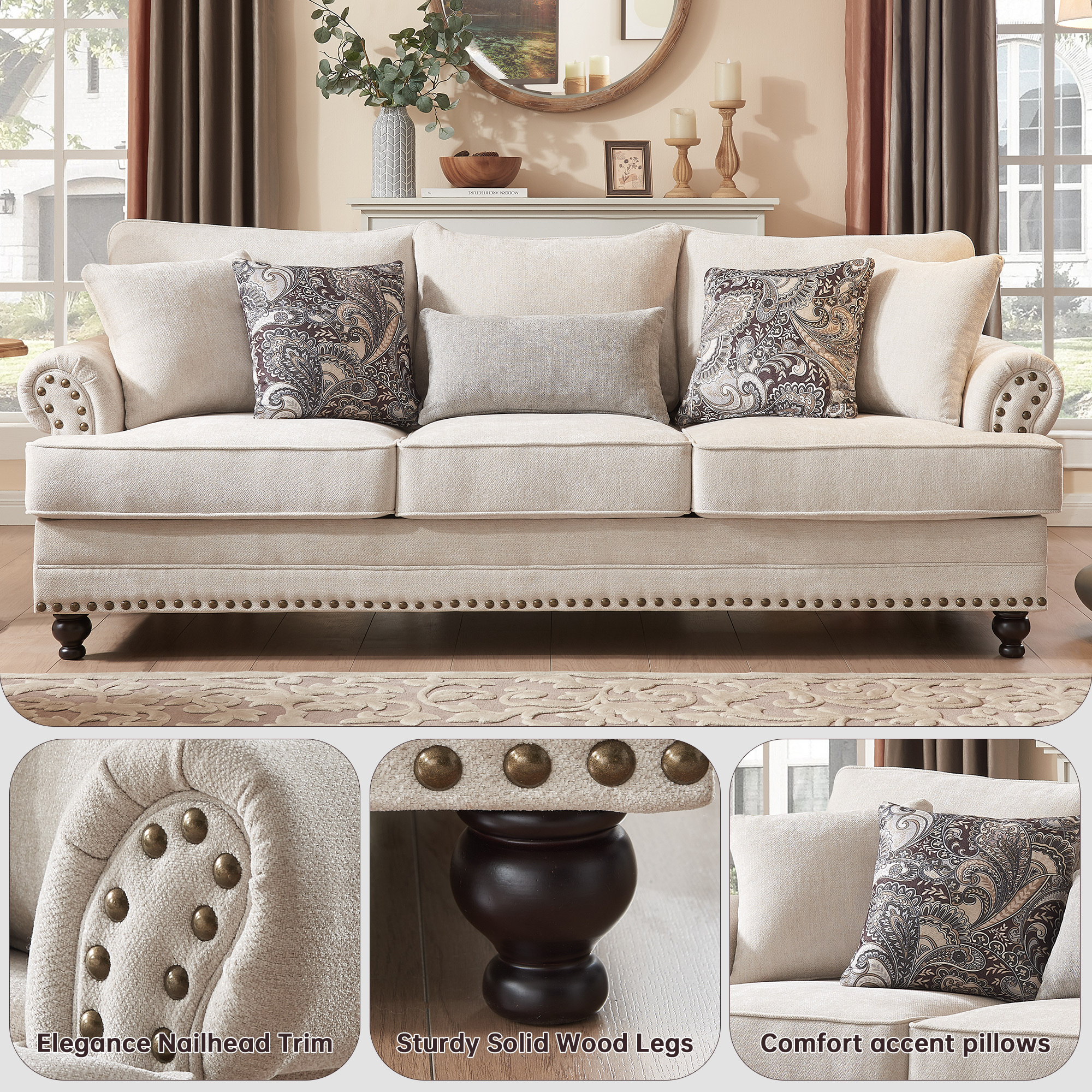 4-Pieces Chesterfield Couch Set Chenille Flora Sofa Loveseat and Armchair Living Room Set with Ottoman