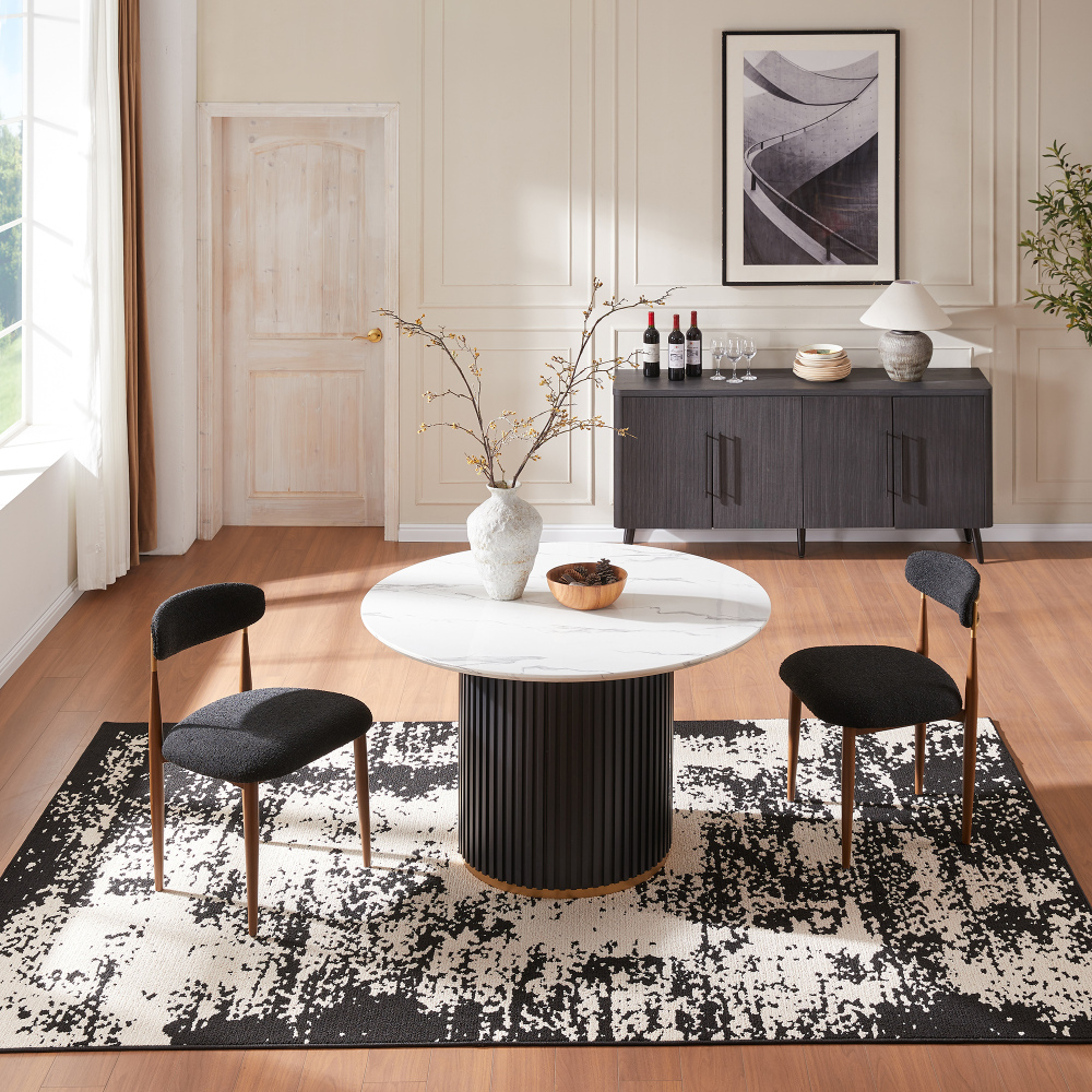 Modern 3-Piece Faux Marble Dining Table Top with Boucle Chairs in Black Dining Room Set for Kitchen