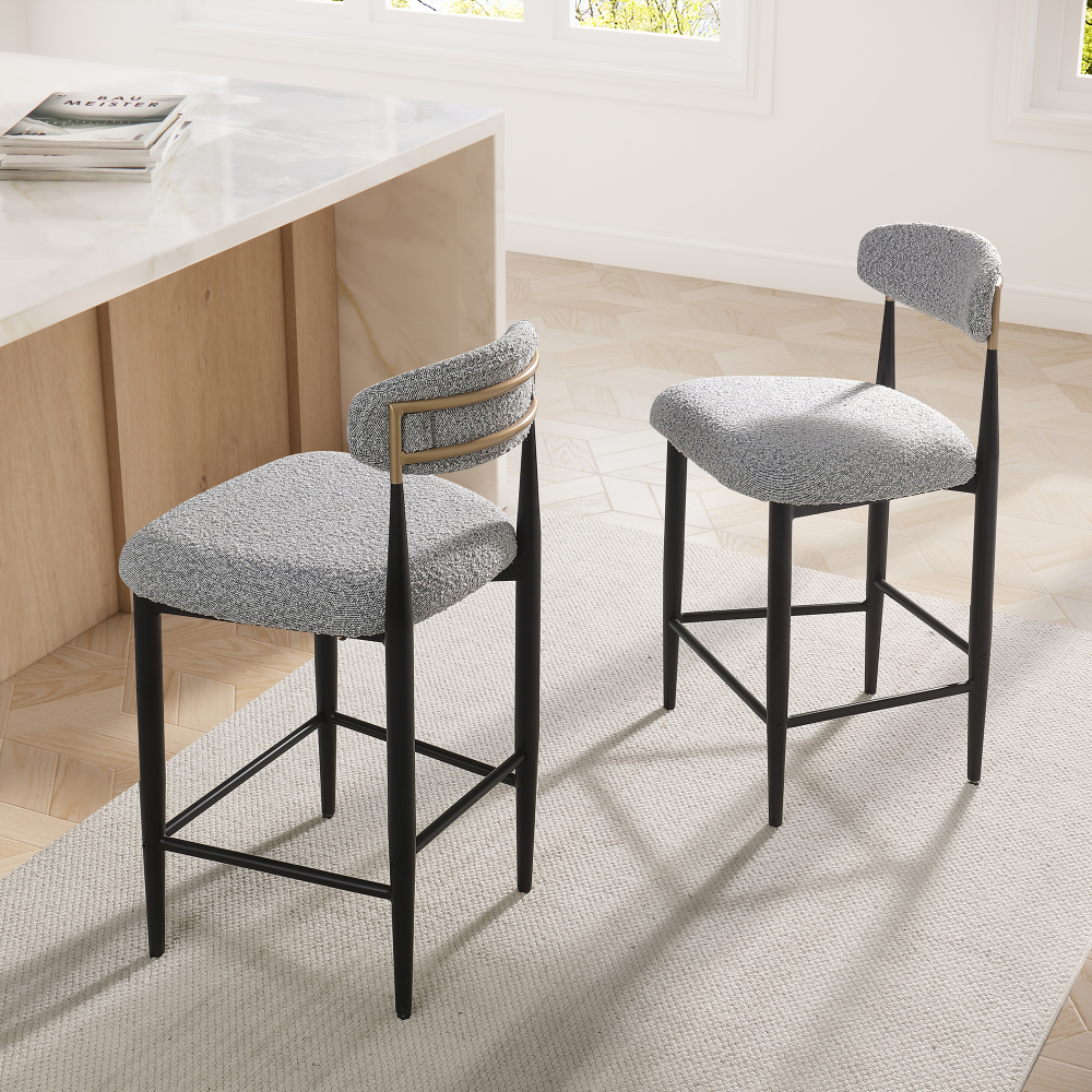 26 in. Gray Boucle Counter Height Bar Stool Set of 2, Dining Room Armless Chair Barstools for Kitchen Island