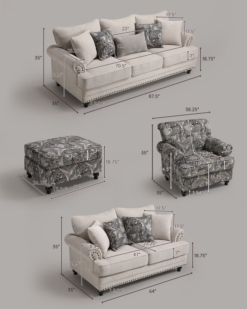 4-Pieces Chesterfield Couch Set Chenille Flora Sofa Loveseat and Armchair Living Room Set with Ottoman