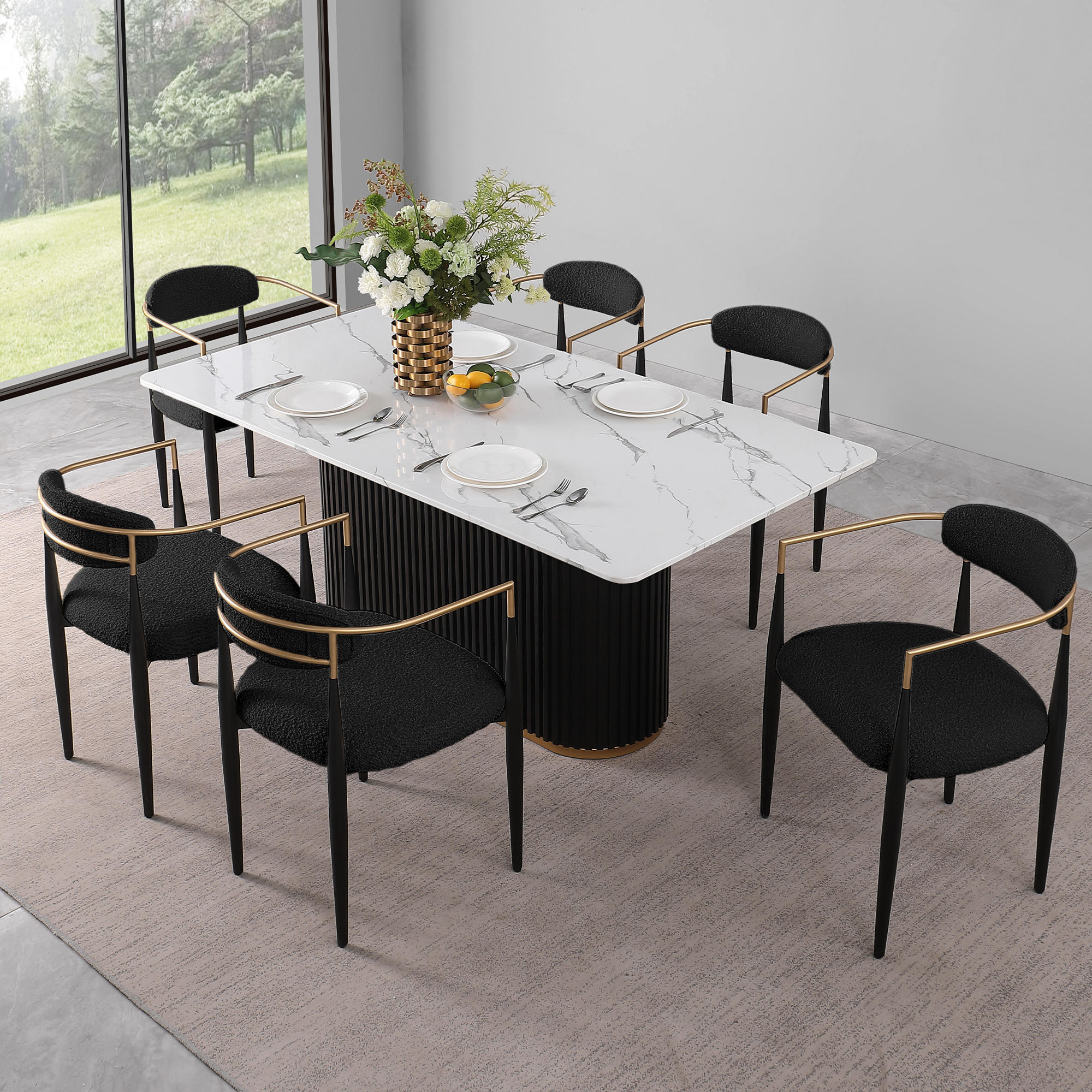 Modern 7-Piece Faux Marble Dining Table Top with Boucle Chairs in Black Dining Room Set for Kitchen
