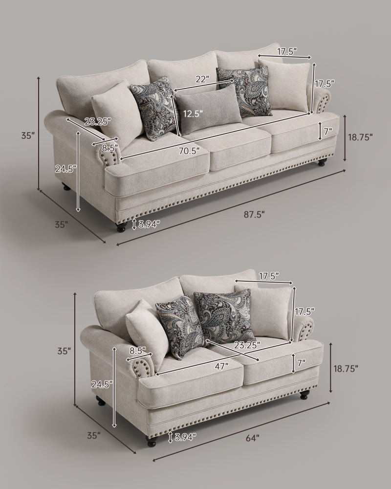 87 in. Chesterfield Couch 2-Pieces Chenille Beige Sofa Loveseat Set Living Room Set with Rolled Arm and Nailhead