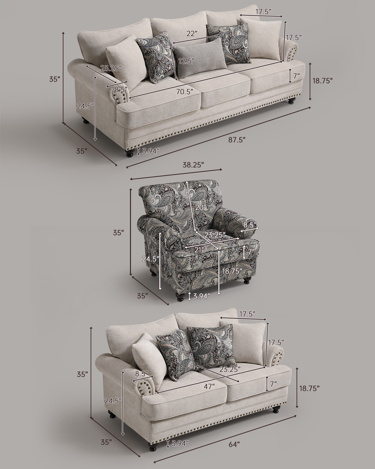 3-Pieces Chesterfield Rolled Arm Couch Set Beige Chenille Sofa Loveseat and Armchair with Nail head Living Room Set