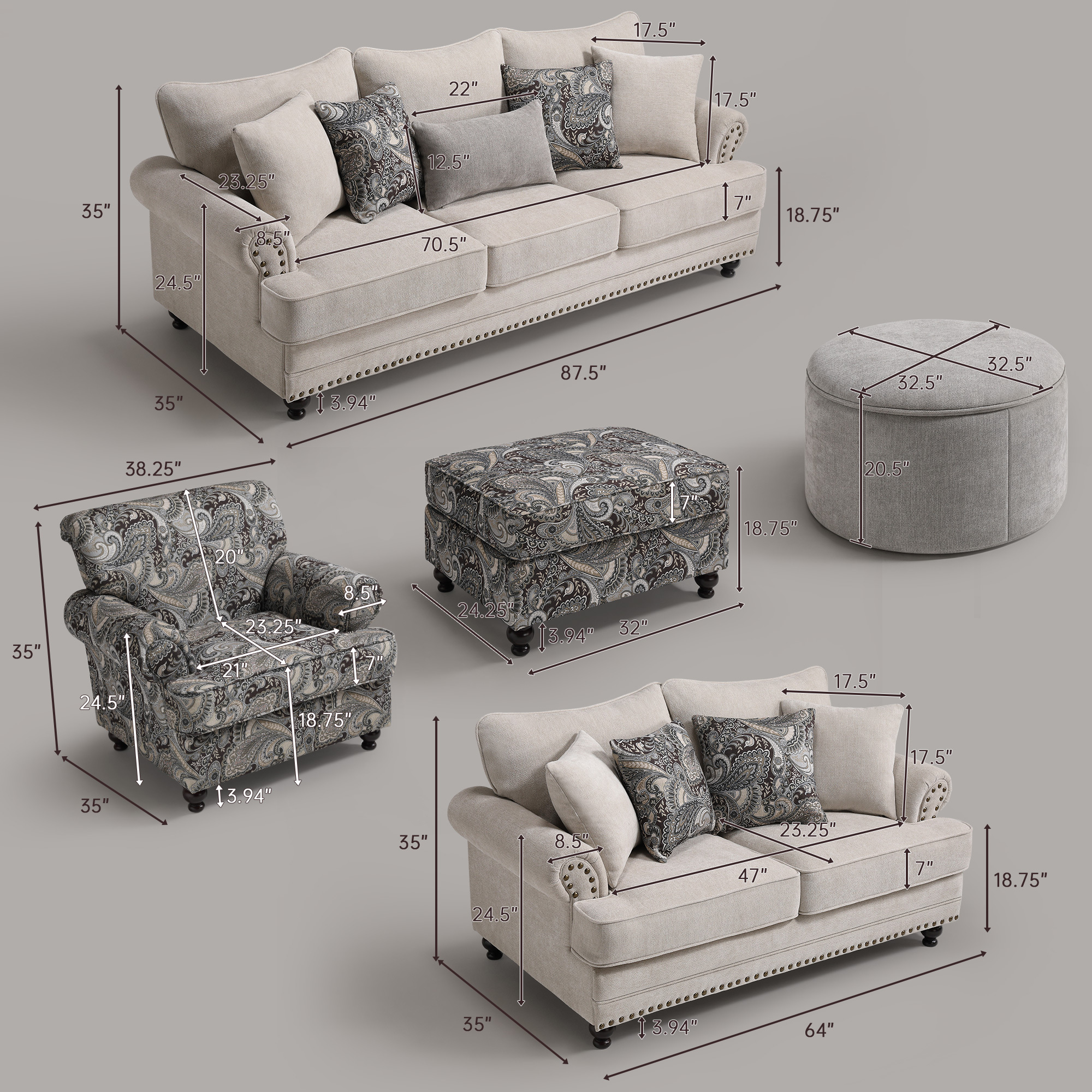 5-Pieces Chesterfield Couch Set Chenille Flora Sofa Loveseat and Armchair Living Room Set with Ottoman Coffee Table