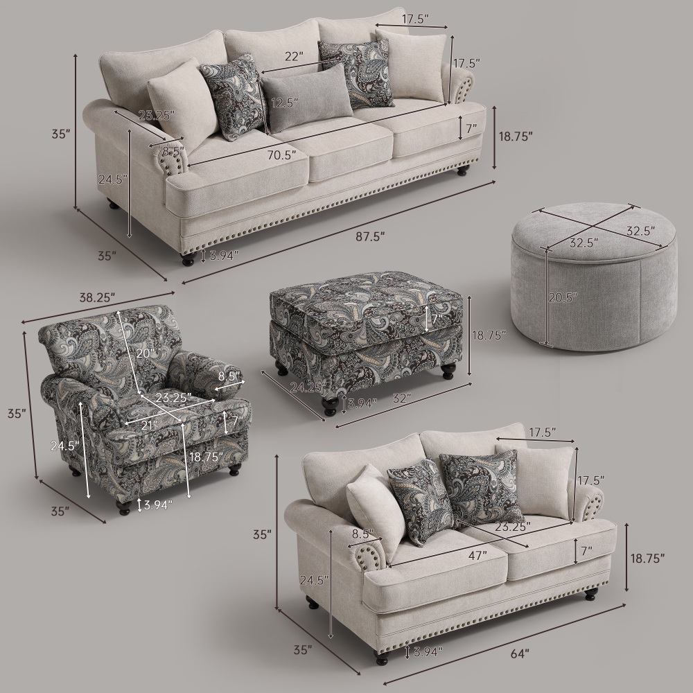 5-Pieces Chesterfield Couch Set Chenille Flora Sofa Loveseat and Armchair Living Room Set with Ottoman Coffee Table