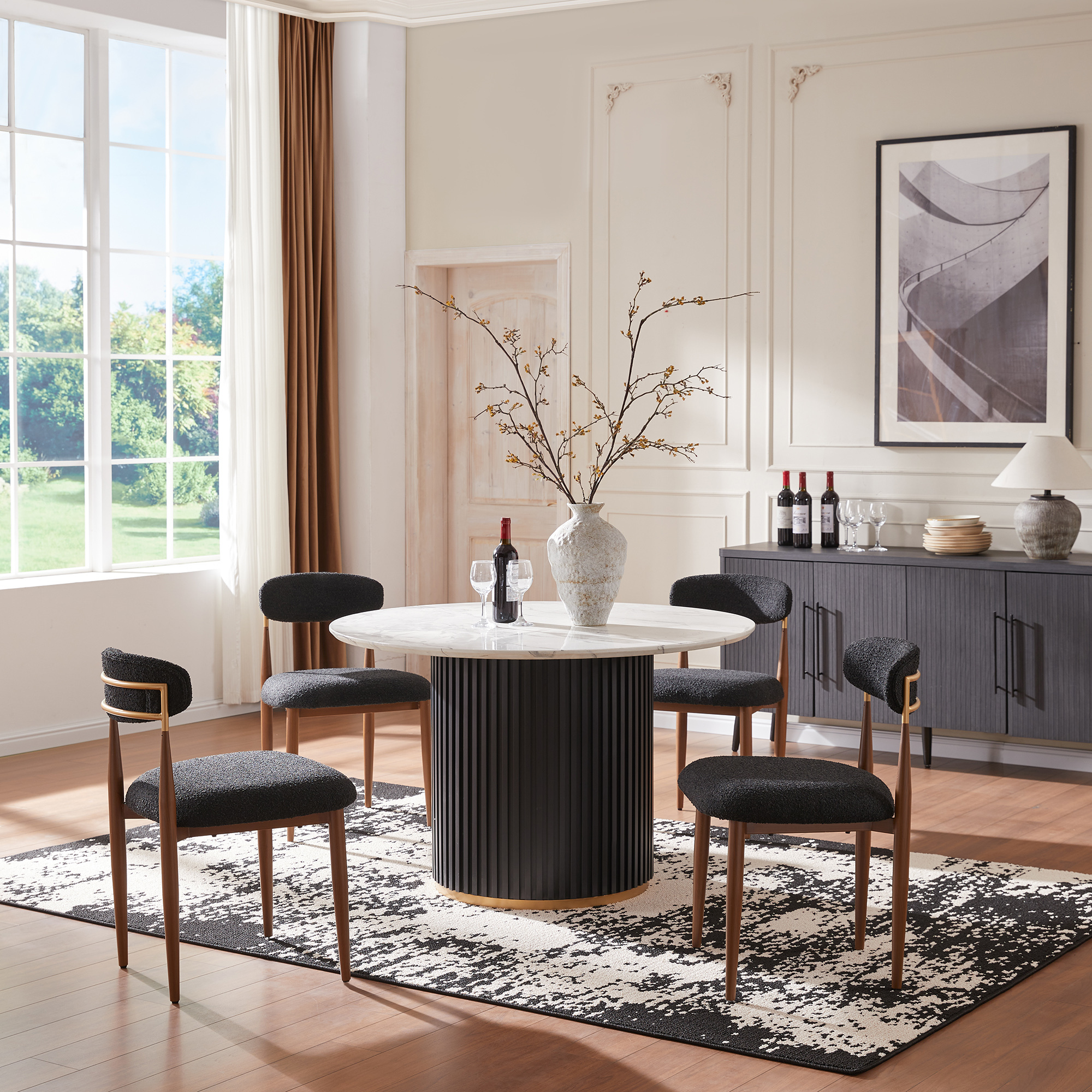 Modern 5-Piece Faux Marble Dining Table Top with Boucle Chairs in Black Dining Room Set for Kitchen Seats of 4