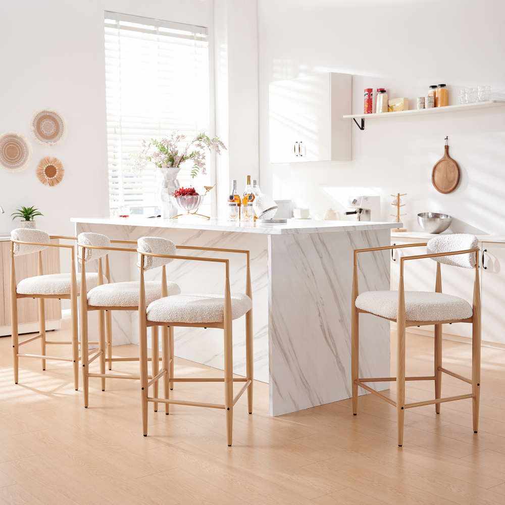 Boucle White Counter Height Bar Stool for Kitchen Island, Dining Room Metal Arm Chair Pub Barstools Set of 4