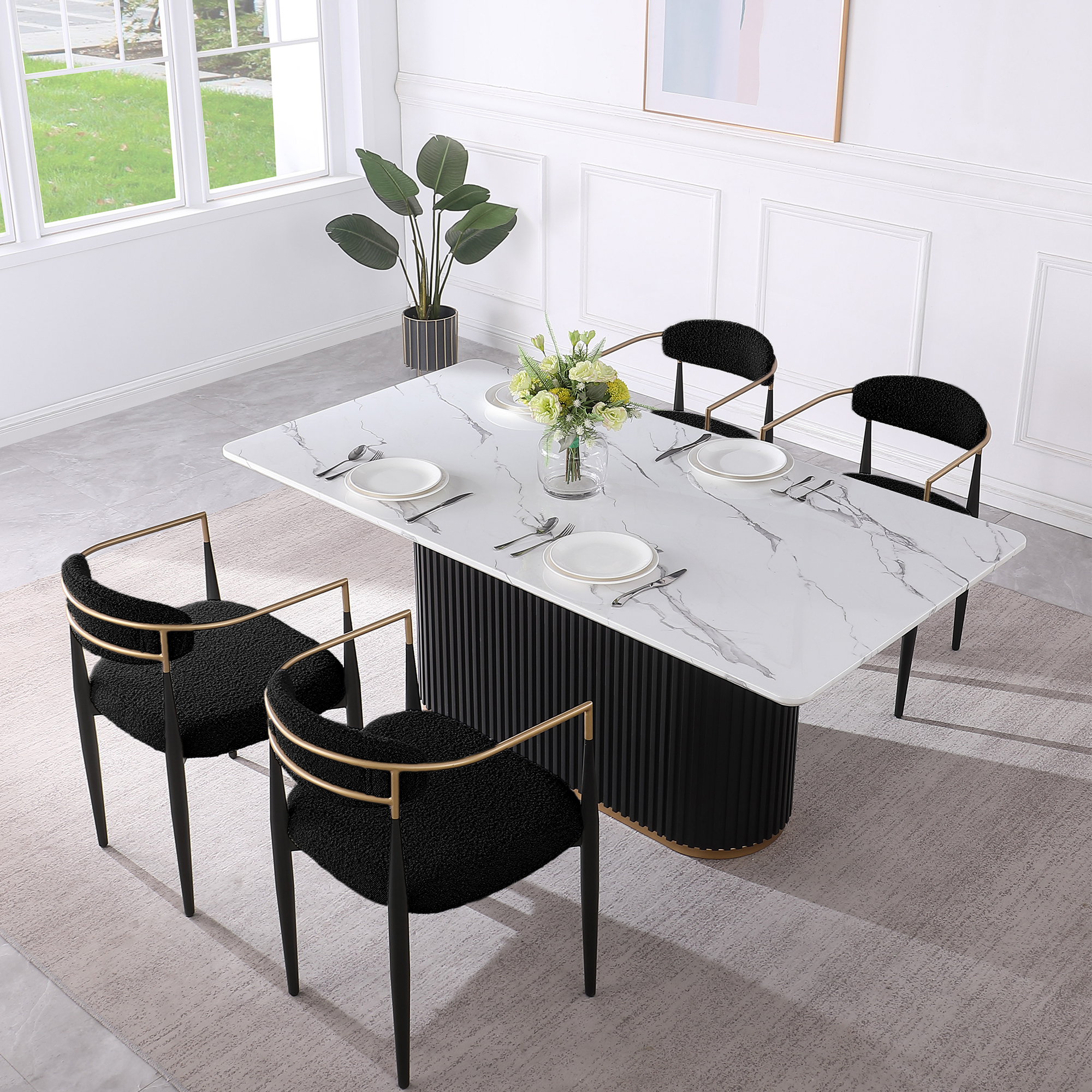 Modern 5-Piece Faux Marble Dining Table Top with Boucle Chairs in Black Dining Room Set for Kitchen