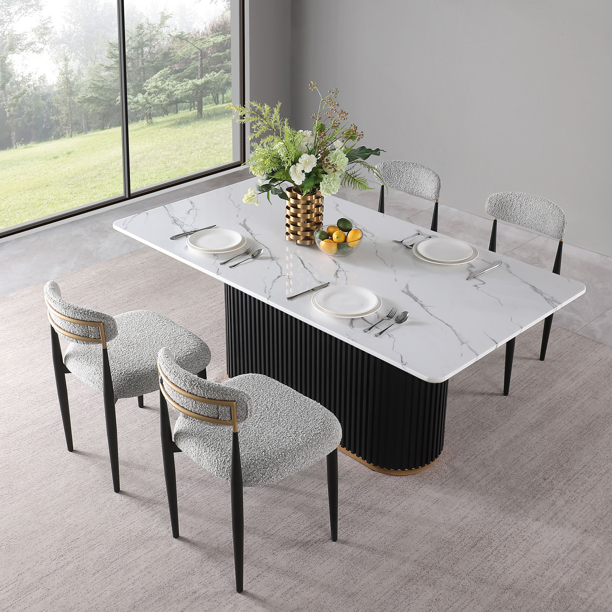 Modern 5-Piece Faux Marble Dining Table Top with Boucle Armless Chairs in Gray Dining Room Set for Kitchen
