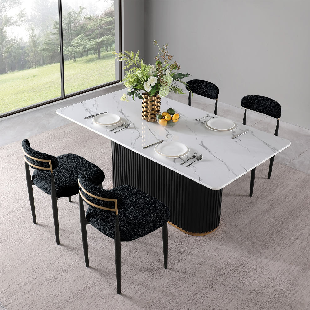Modern 5-Piece Faux Marble Dining Table Top with Boucle Armless Chairs in Black Dining Room Set for Kitchen