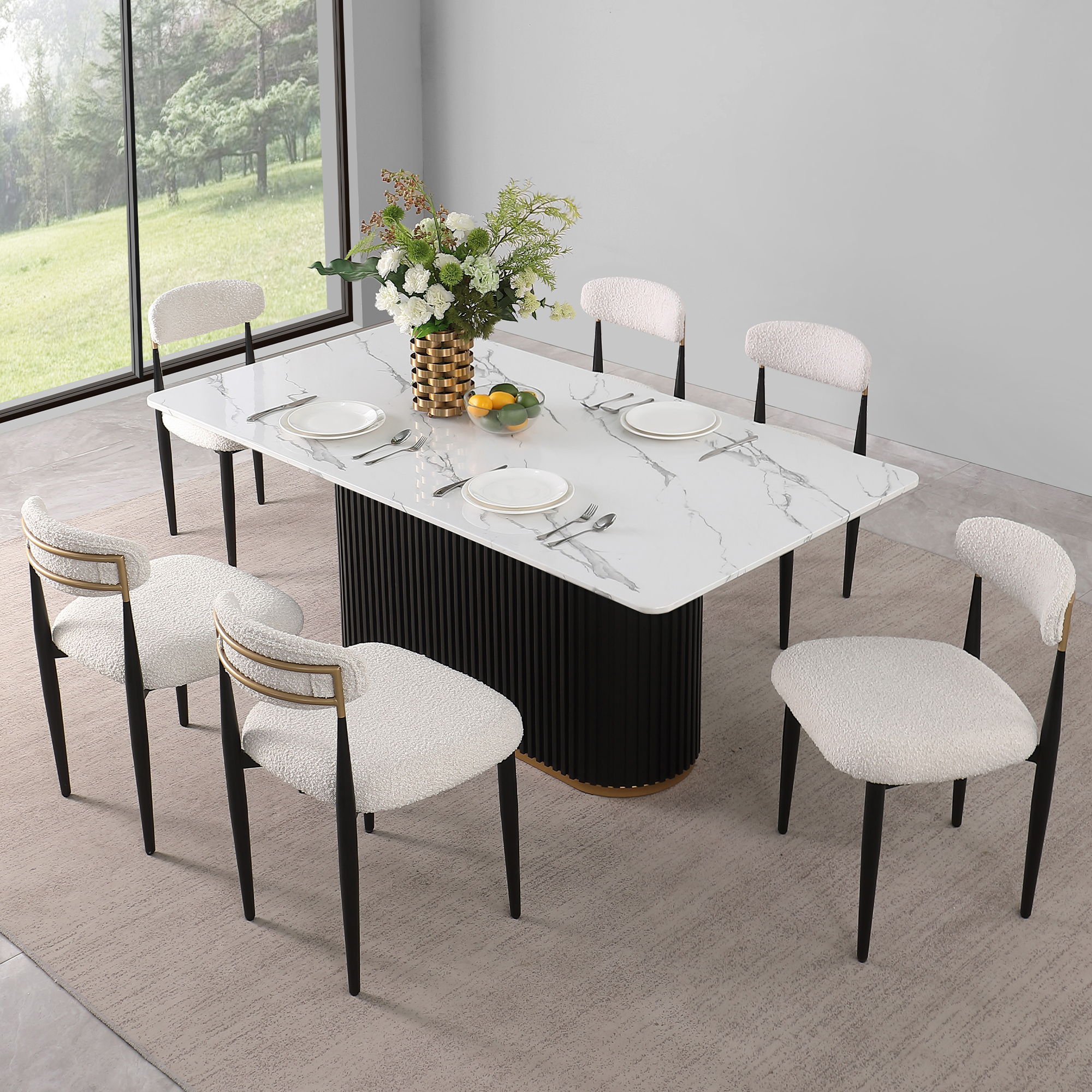 Modern 7-Piece Faux Marble Dining Table Top with Boucle Armless Chairs in White Dining Room Set for Kitchen